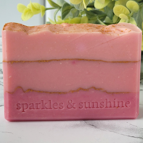 Picture of soap with 3 layers of pink separated by gold