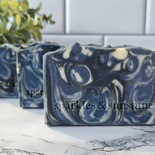 Picture of a bar of soap with blue and white swirls